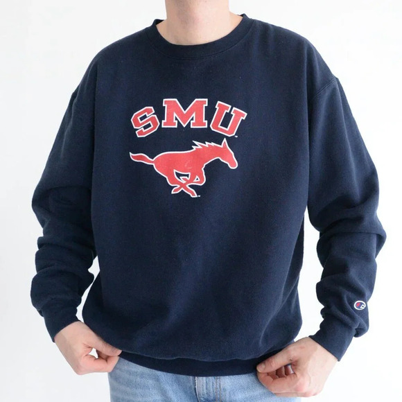 VTG Champion SMU Southern Methodist University Navy Boxy Fit Crew Neck Sweater L - Picture 1 of 11